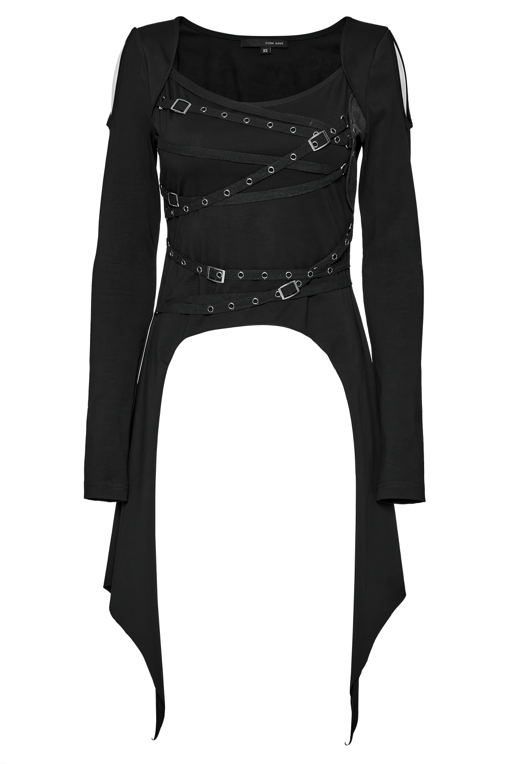 Gothic asymmetrical long sleeve top with edgy straps and cutouts for alternative fashion lovers.