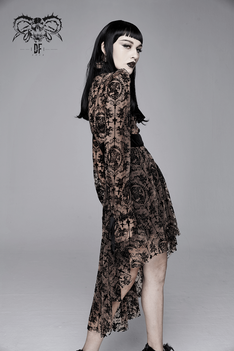 Model wearing a Gothic asymmetrical hem long dress with lace detailing, showcasing a stylish black design.