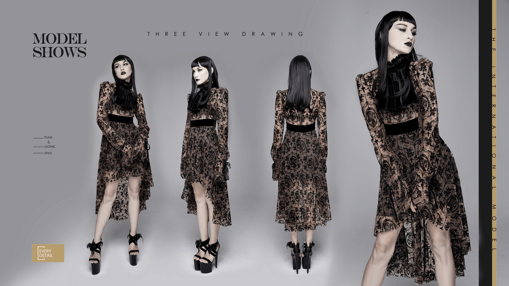 Three view illustration of a gothic lace dress model showcasing asymmetrical hem and stylish long sleeves.