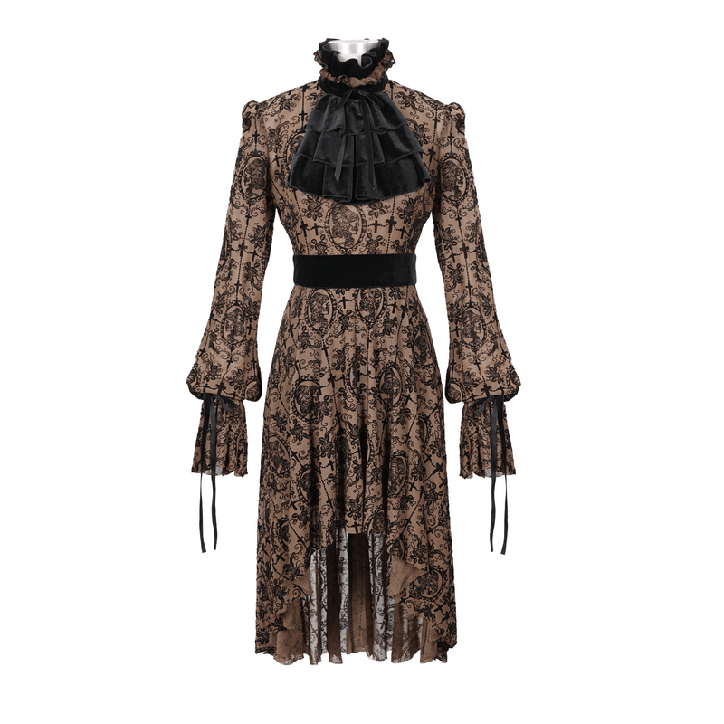 Elegant gothic lace dress with asymmetrical hem and long sleeves, featuring a ruffled collar and intricate black patterns.