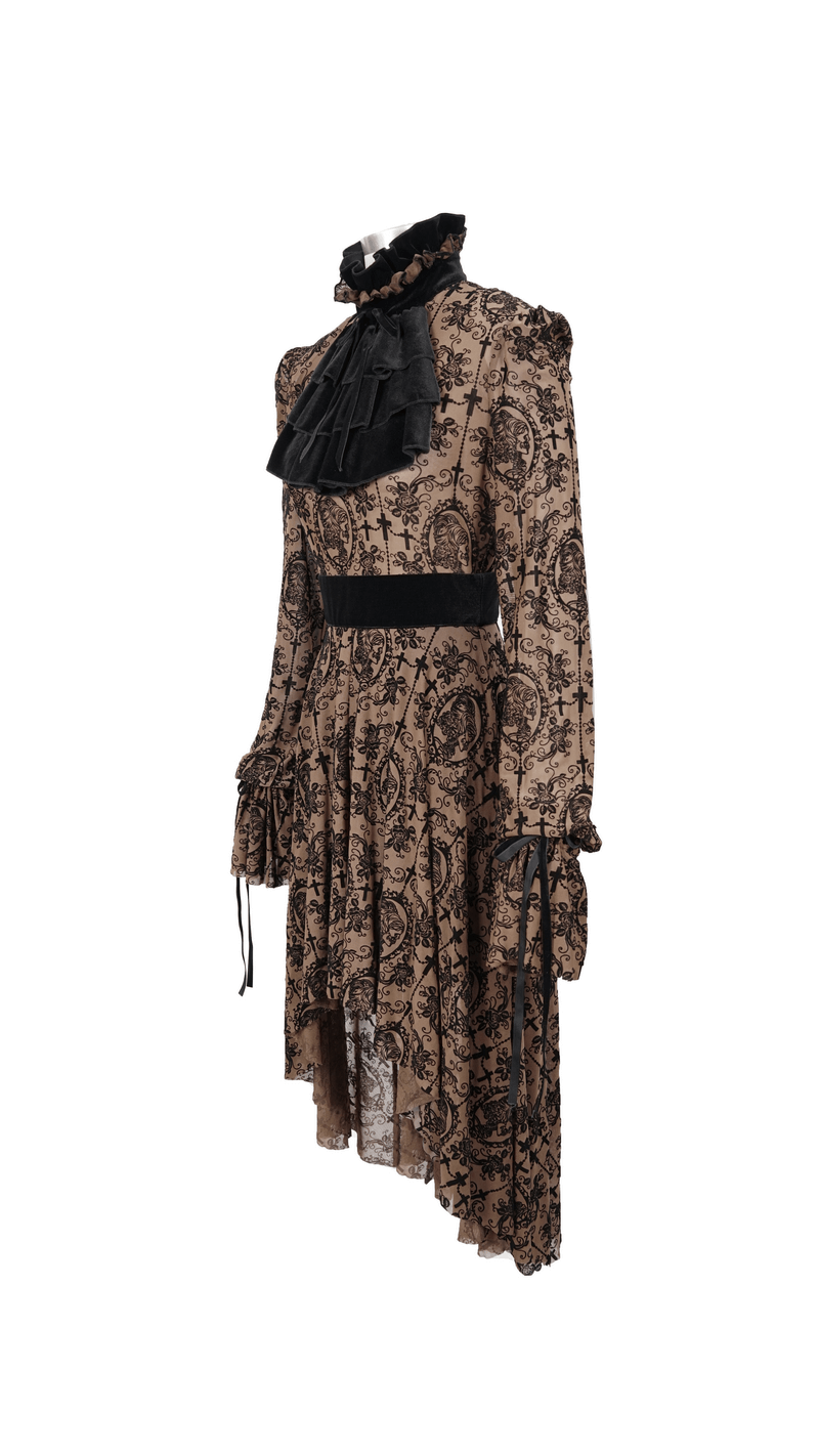 Gothic asymmetrical hem long dress with lace detailing and ruffled collar, perfect for stylish women.