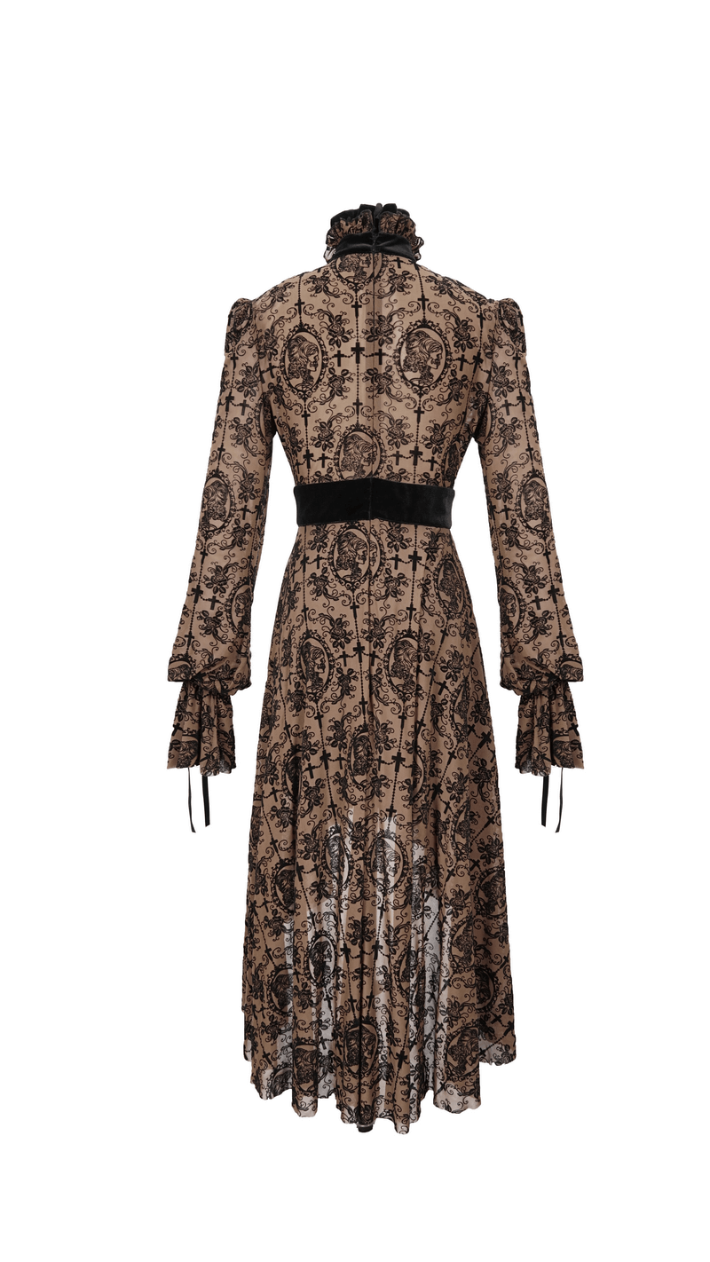 Gothic asymmetry hem long dress with lace design and dramatic sleeves, perfect for a stylish gothic look.