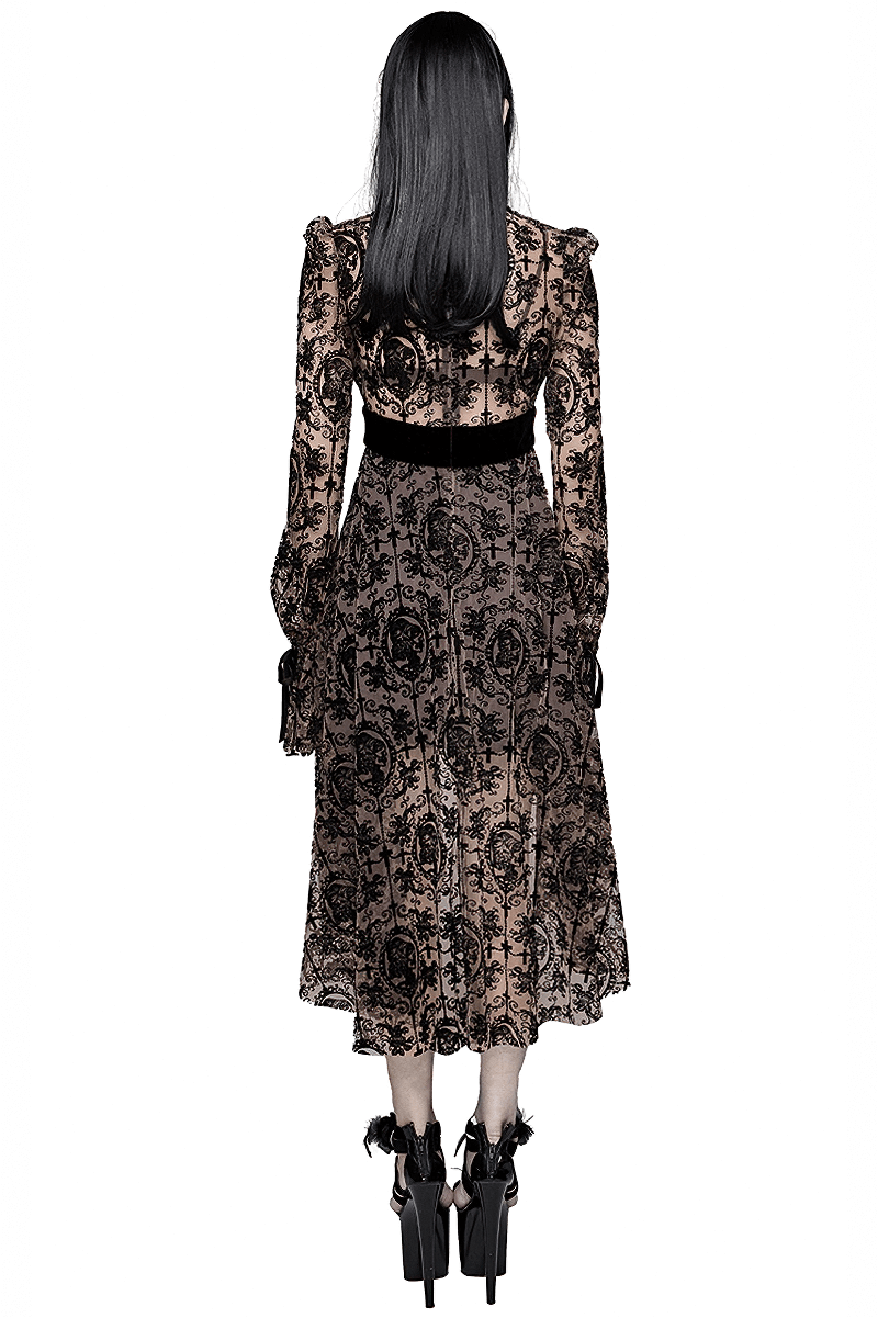 Back view of a gothic lace long dress with asymmetrical hem and long sleeves, perfect for dark fashion lovers.