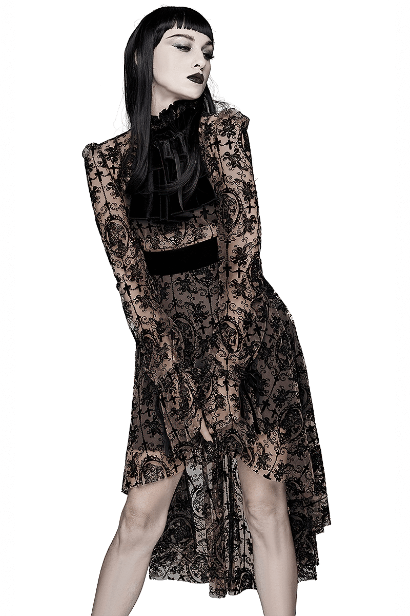Gothic asymmetry hem long dress with lace details, perfect for a chic and edgy style.