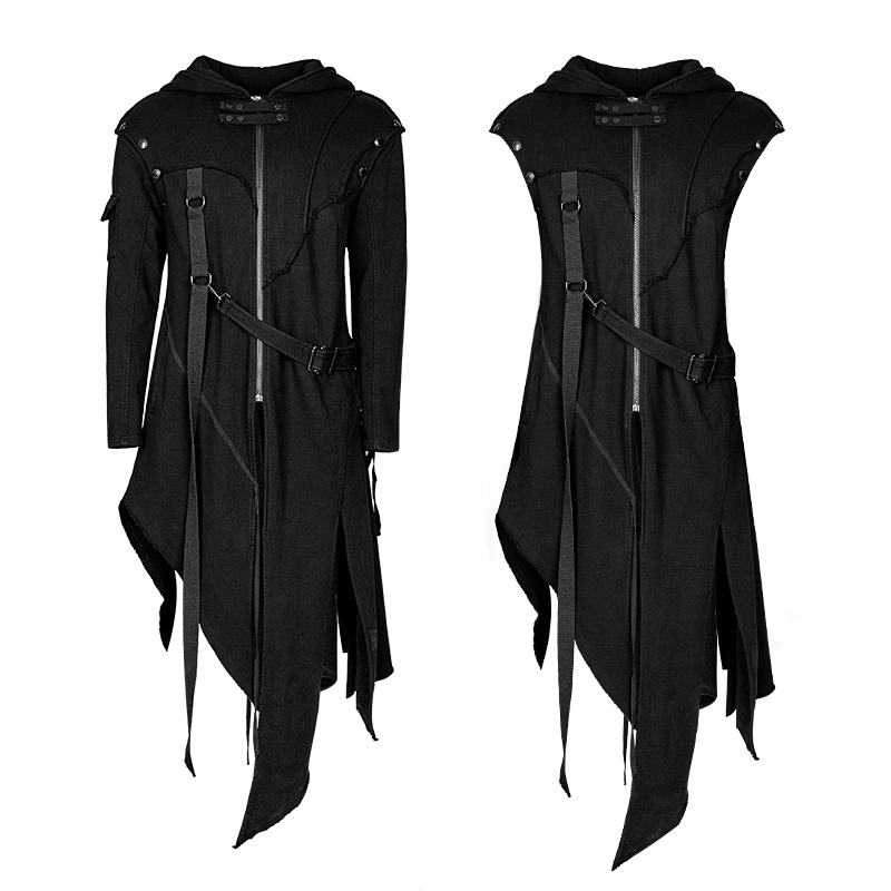 Gothic Avant-Garde Asymmetric Hooded Coat for Men, featuring layered fleece and removable sleeves for versatile styling.