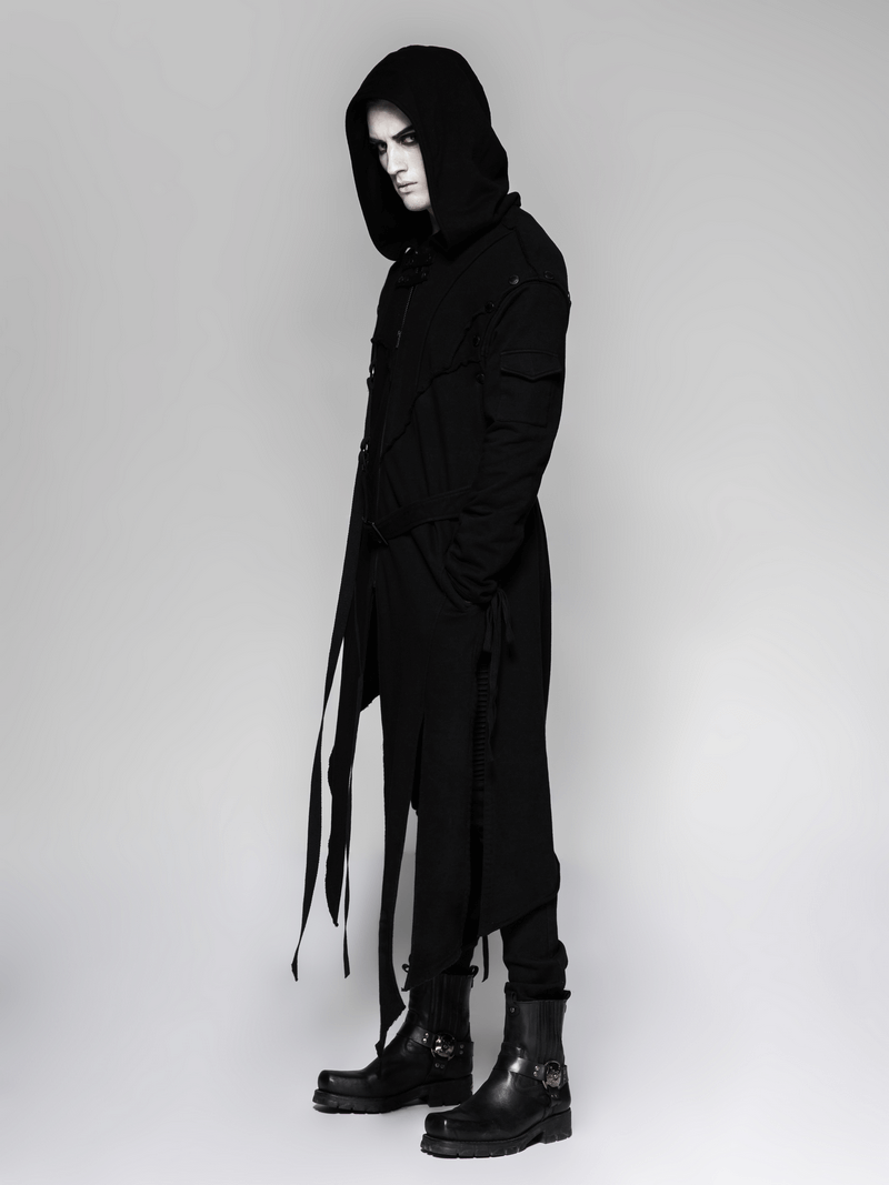 Gothic avant-garde asymmetric hooded coat for men with removable sleeves, exuding punk elegance.