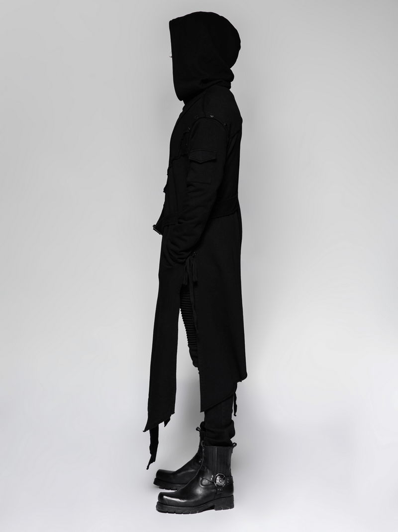 Gothic Avant-Garde Asymmetric Hooded Coat for Men, showcasing a dark punk aesthetic and unique layered design.