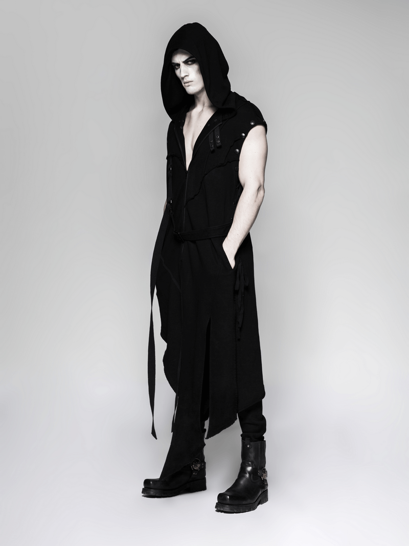Gothic avant-garde asymmetric hooded coat for men in black fabric with unique broken seam design.