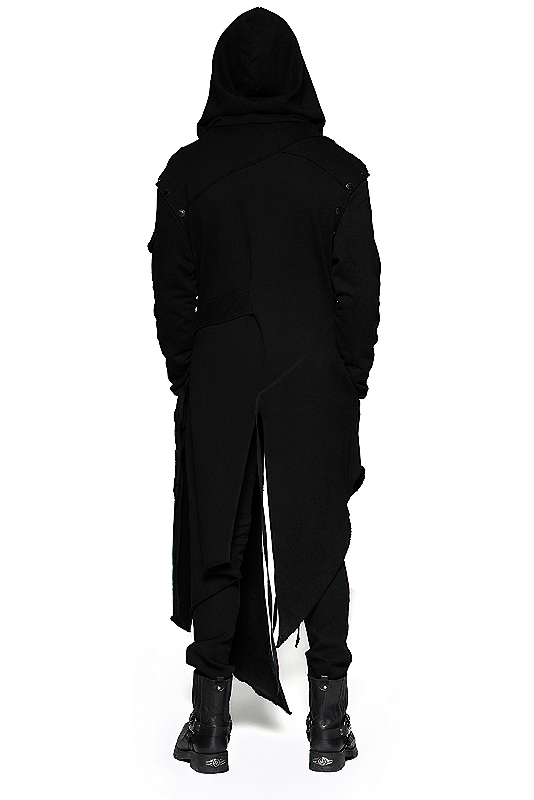 Back view of a Gothic Avant-Garde Asymmetric Hooded Coat for men, showcasing its unique layered design and punk style.