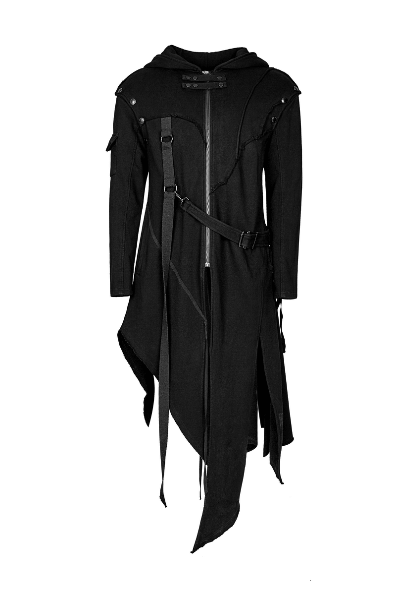 Gothic Avant-Garde Asymmetric Hooded Coat for Men, featuring removable sleeves and edgy design.