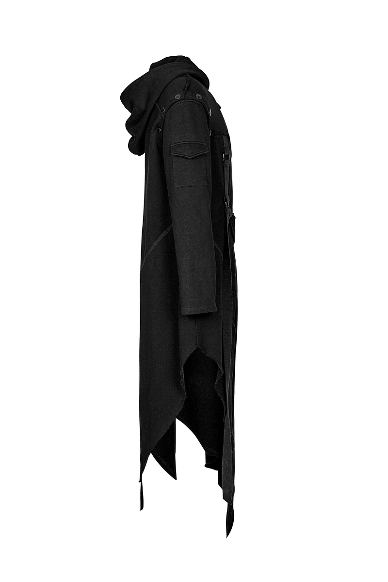 Gothic avant-garde asymmetric hooded coat for men, featuring a dark punk style and removable sleeves.