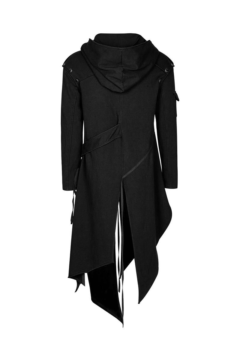 Gothic avant-garde asymmetric hooded coat for men, featuring a stylish dark design and unique layered detailing.