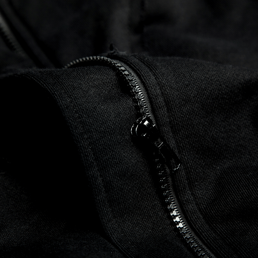 Close-up of the zipper detail on the Gothic Avant-Garde Asymmetric Hooded Coat for Men in black fabric.