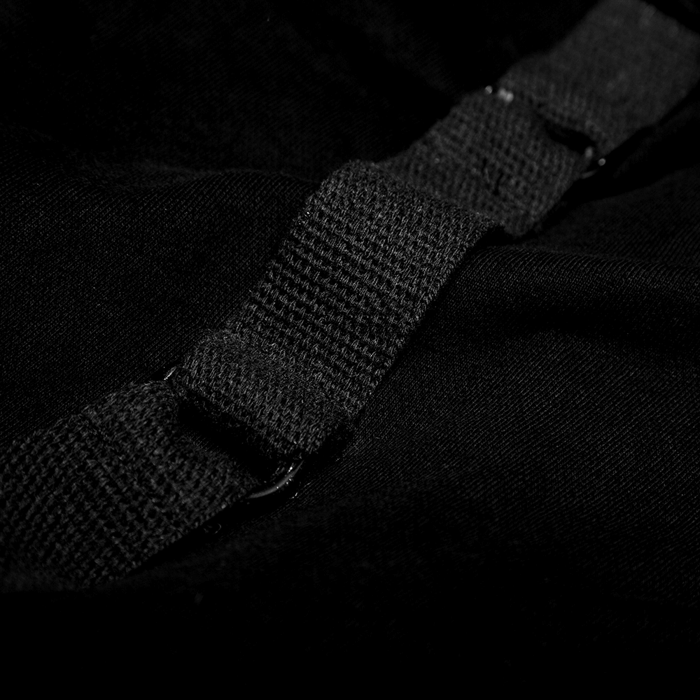 Close-up of the unique strap detail on the Gothic Avant-Garde Hooded Coat, showcasing its edgy design.