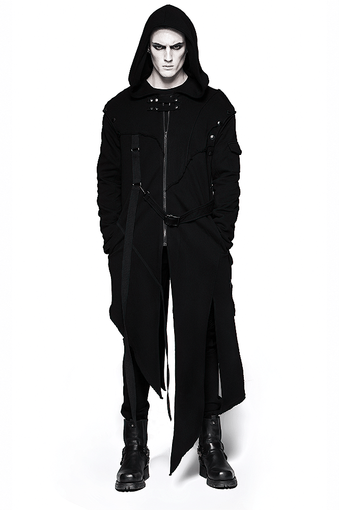 Gothic Avant-Garde asymmetric hooded coat for men in black, featuring removable sleeves and unique seam design.