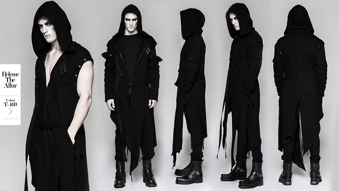 Gothic Avant-Garde Hooded Coat for Men, featuring asymmetrical design and removable sleeves, perfect for a punk style.