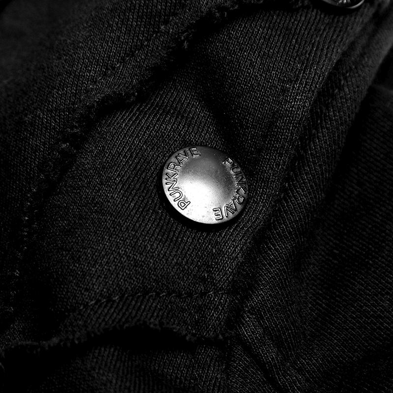 Close-up of a punk-style metal button on a Gothic black coat, featuring unique stitching details.
