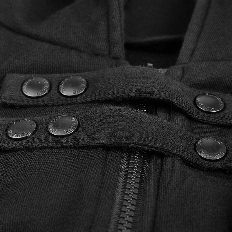 Close-up of the button and zipper detail on the Gothic Avant-Garde hooded coat for men.