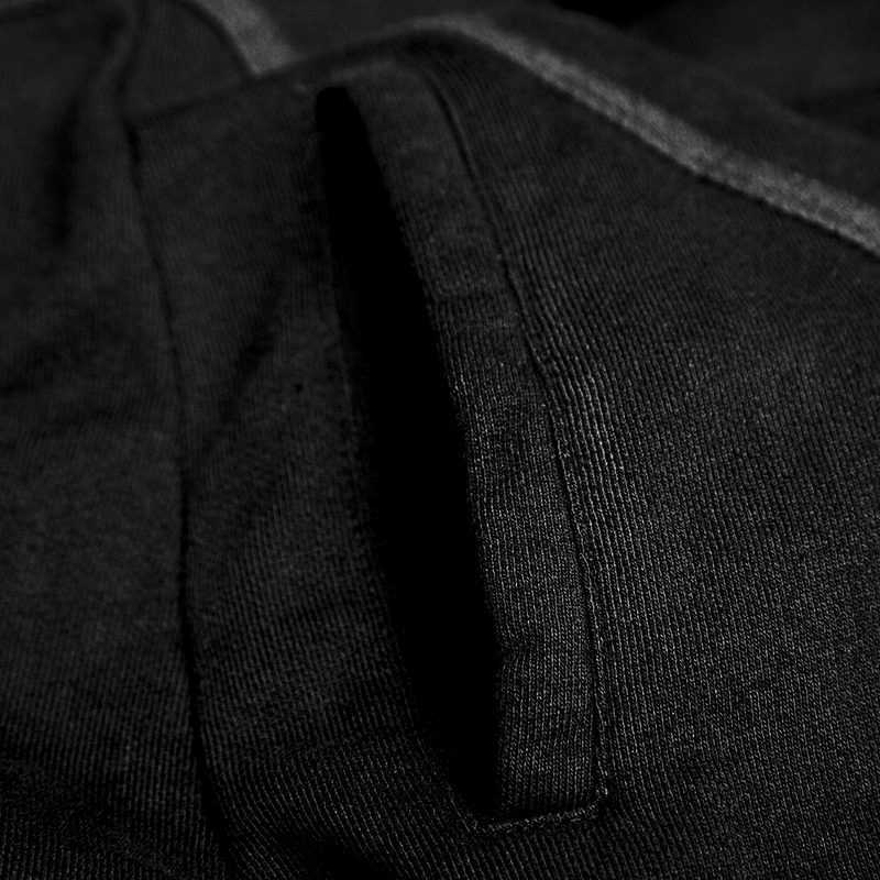 Close-up of the textured fabric and pocket detail of a Gothic Avant-Garde Hooded Coat for Men.