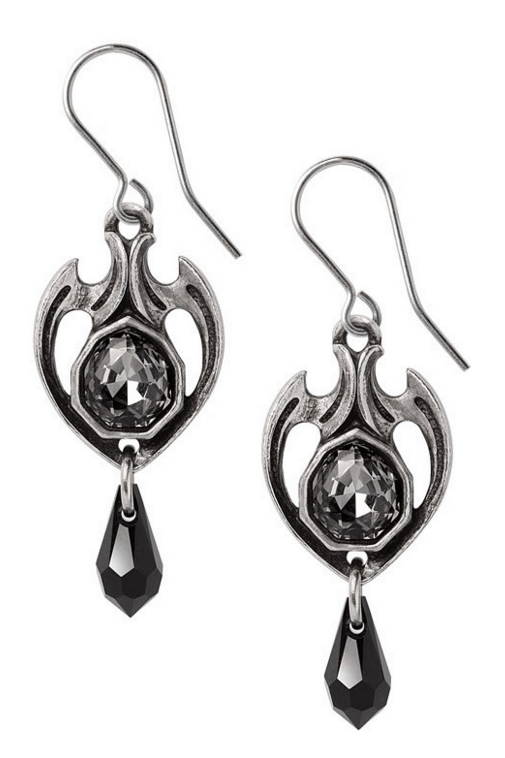 Gothic Baroque Midnight Memorial Drop Earrings with intricate designs and sparkling crystals.