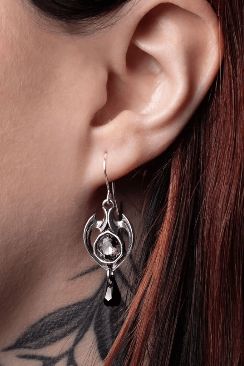 Gothic Baroque Midnight Memorial Drop Earrings showcasing elegant crystal design on a model's ear.