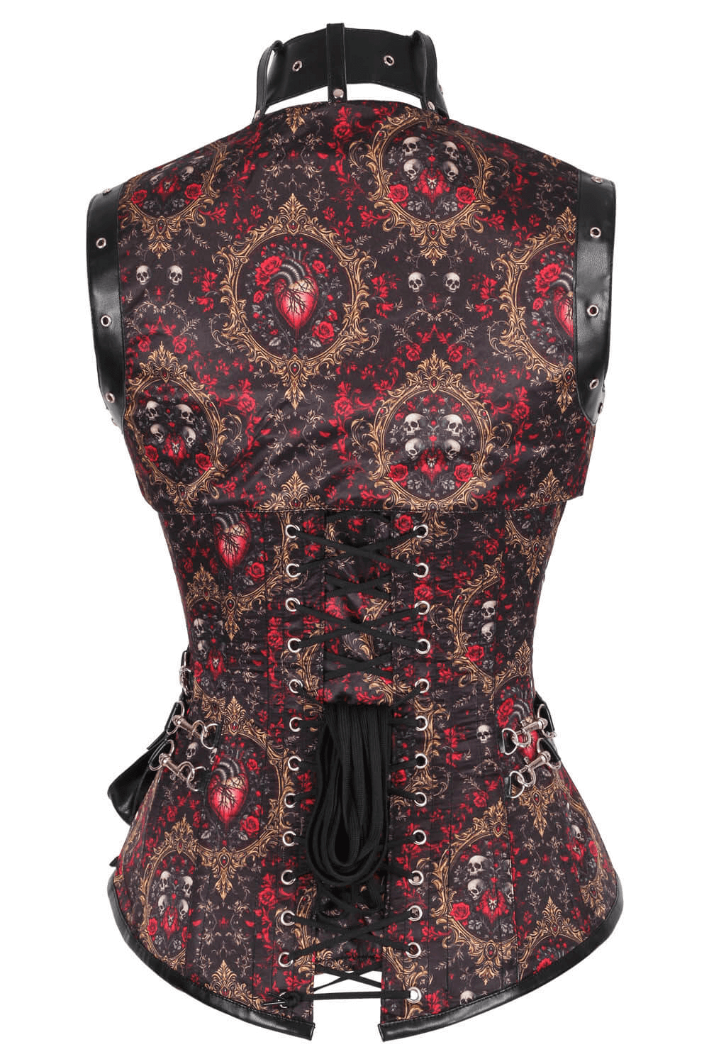 Alt Tag: Gothic Baroque Skull and Heart Overbust Corset with Pocket back view, black burgundy gold skull heart print, lace-up steel-boned waist