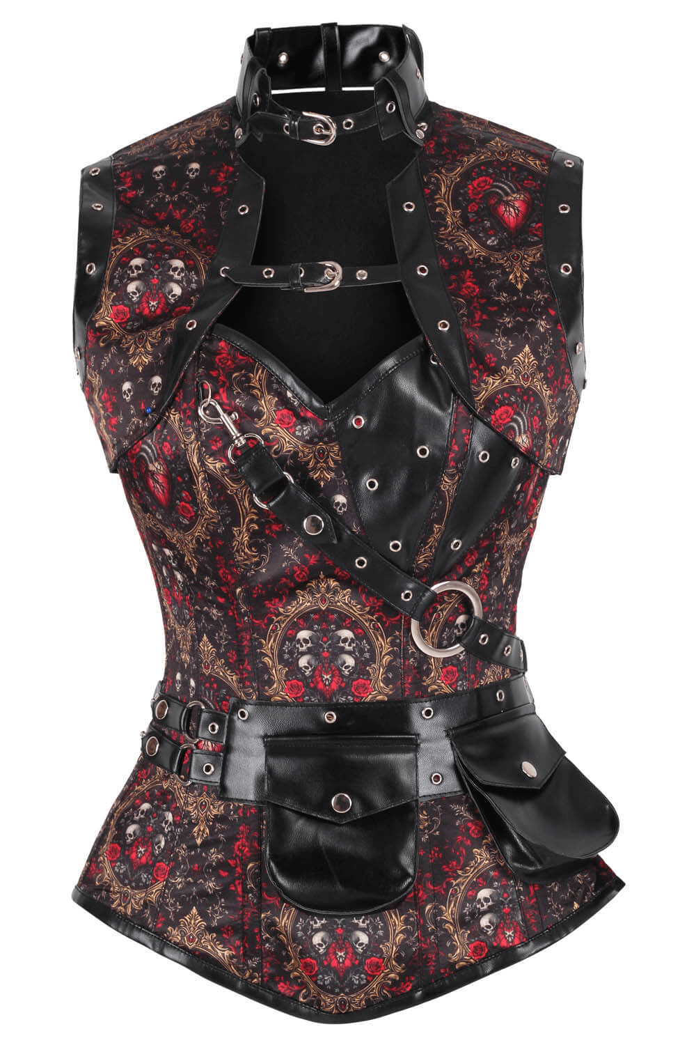 Alt Tag: Gothic Baroque Skull and Heart Overbust Corset with Pocket black burgundy baroque skull heart print with shrug and pouch belt