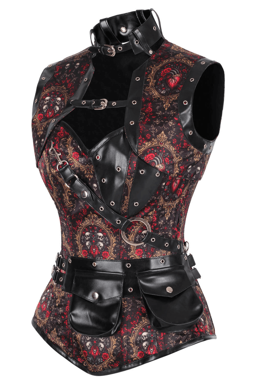 Alt Tag: Gothic Baroque Skull and Heart Overbust Corset with Pocket in black burgundy gold baroque print, shrug collar, pouch belt, steampunk vibe