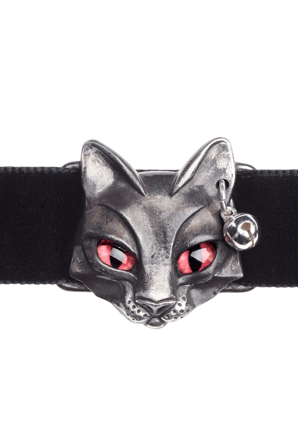 Gothic Bastet Cat Choker with Red Eyes and Black Velvet Band featuring a silver cat head centerpiece.