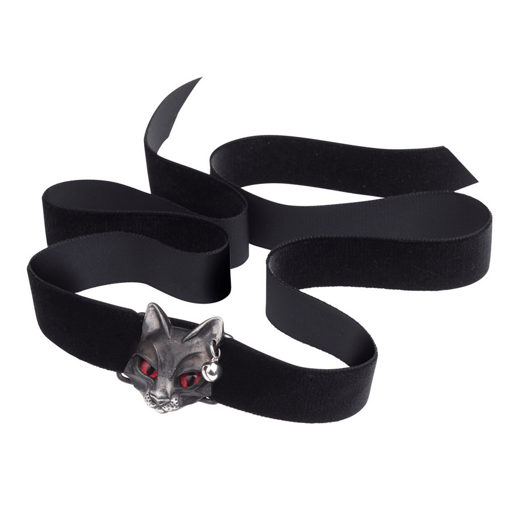 Gothic Bastet Cat Choker with Red Eyes and Black Velvet Band, featuring a cat face charm and luxurious velvet ribbon.