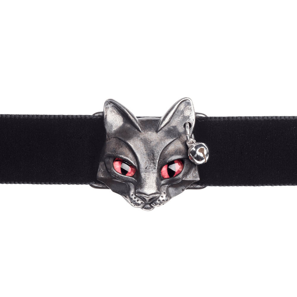 Gothic Bastet Cat Choker with Red Eyes and Black Velvet Band showcasing a striking cat face centerpiece.