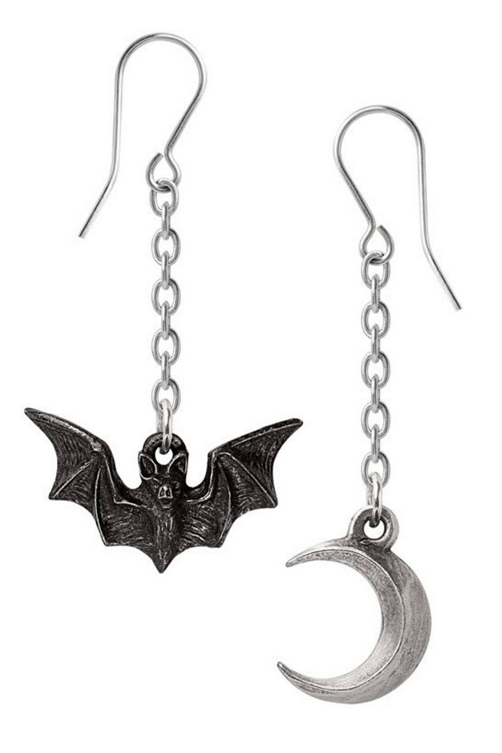Gothic bat and crescent moon drop earrings, perfect night sky jewelry for gothic lovers and dreamers.