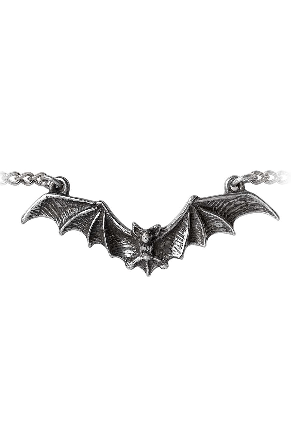 Gothic bat bracelet in pewter, featuring wings spread wide, perfect for dark fashion lovers.