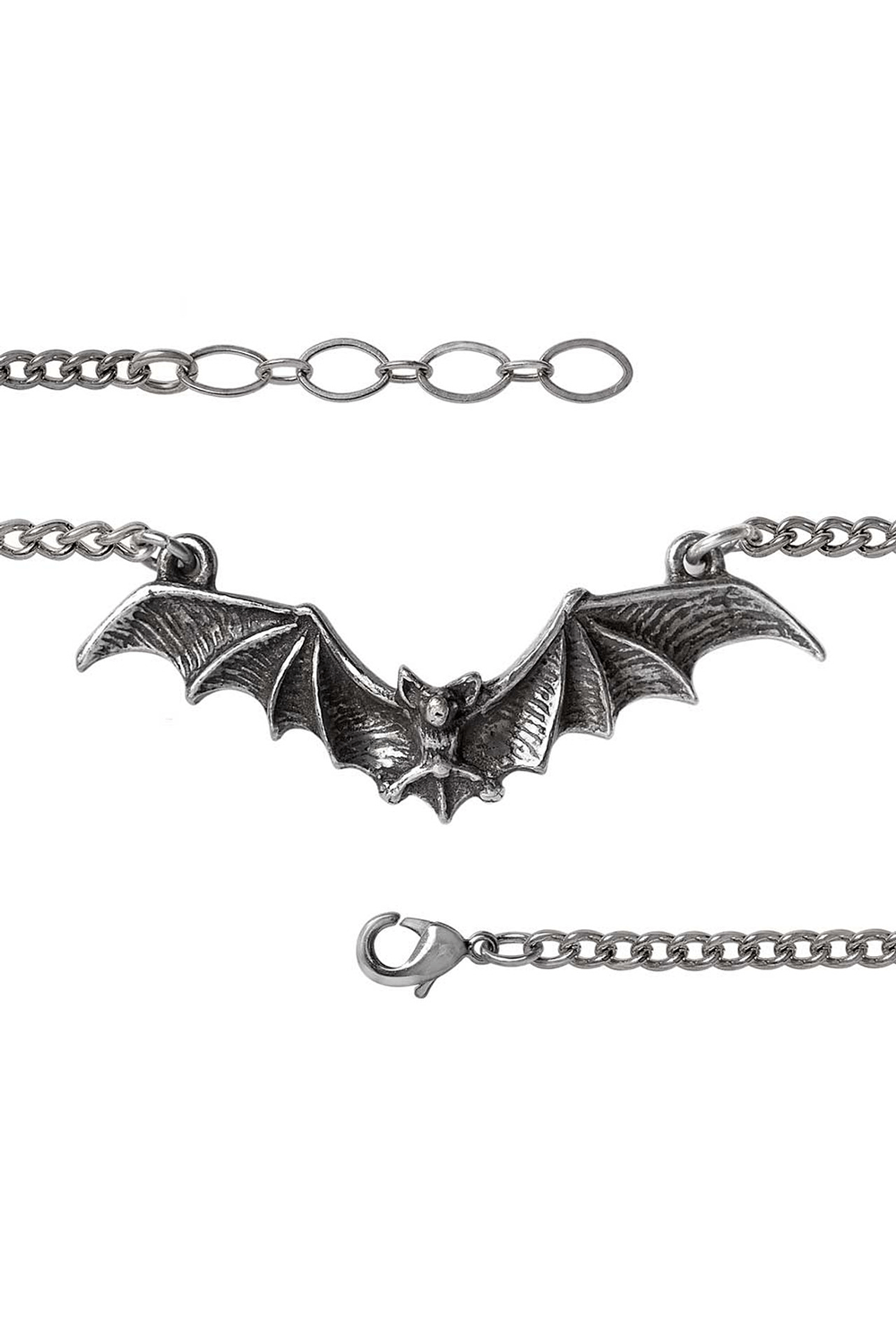 Gothic bat bracelet in pewter with wings spread, perfect for dark aesthetics and night creature lovers.