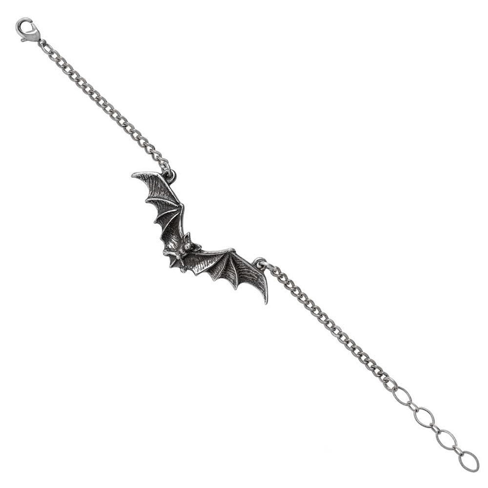 Gothic bat bracelet in pewter with wings spread, perfect dark night wristwear.