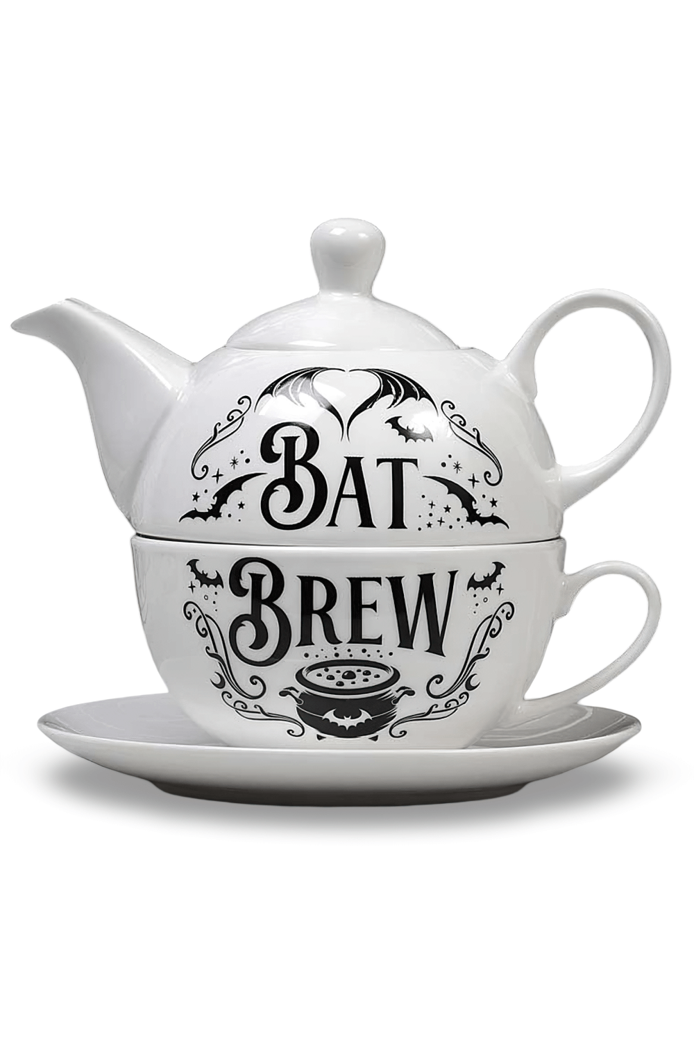 Gothic Bat Brew tea set featuring a stylish teapot and cup, perfect for tea lovers and Halloween enthusiasts.