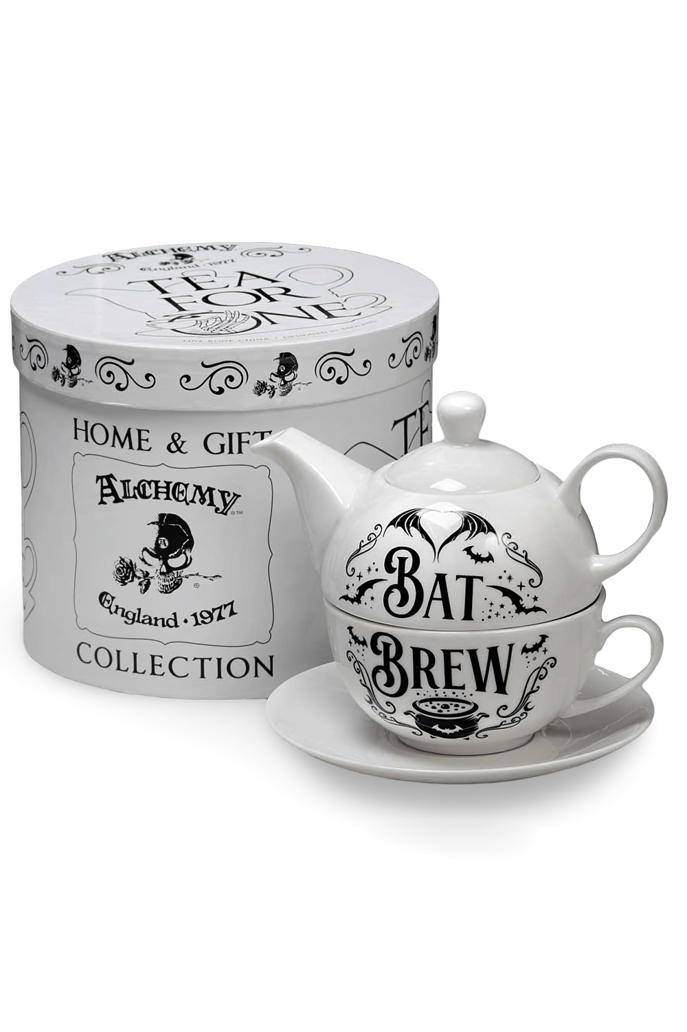 Gothic Bat Brew Tea Set with teapot and decorative tin, perfect for tea lovers and enchanting tea parties.