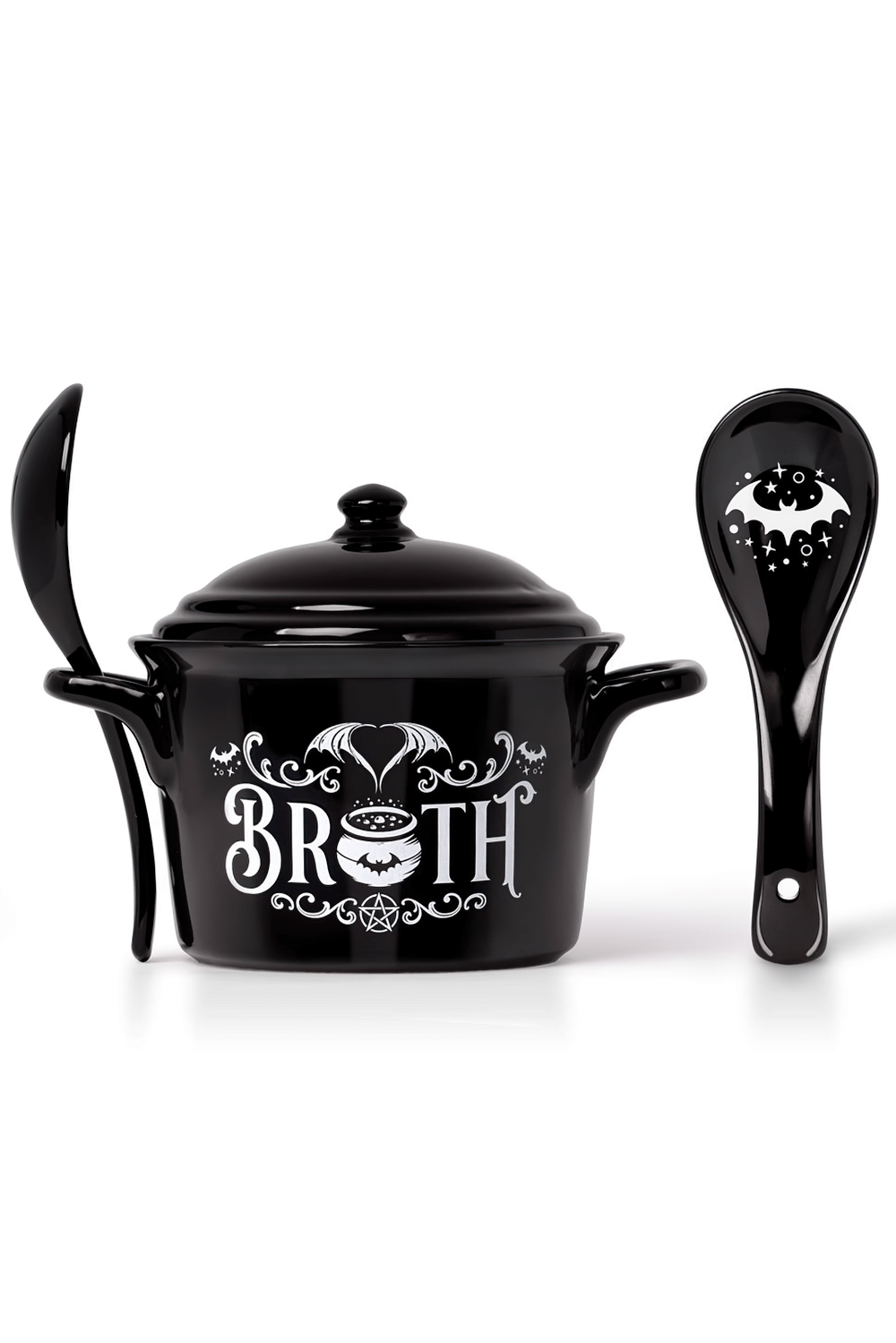 Gothic Bat Broth Cauldron Bowl and Spoon Set featuring bat designs for a spooky dining experience.