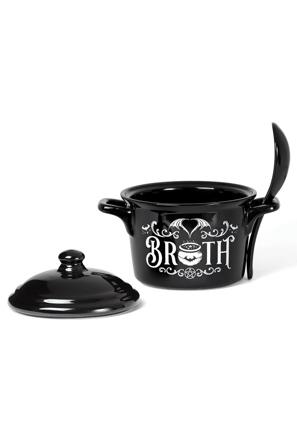 Gothic Bat Broth cauldron bowl and spoon set with lid, perfect for soups and stews in spooky style.