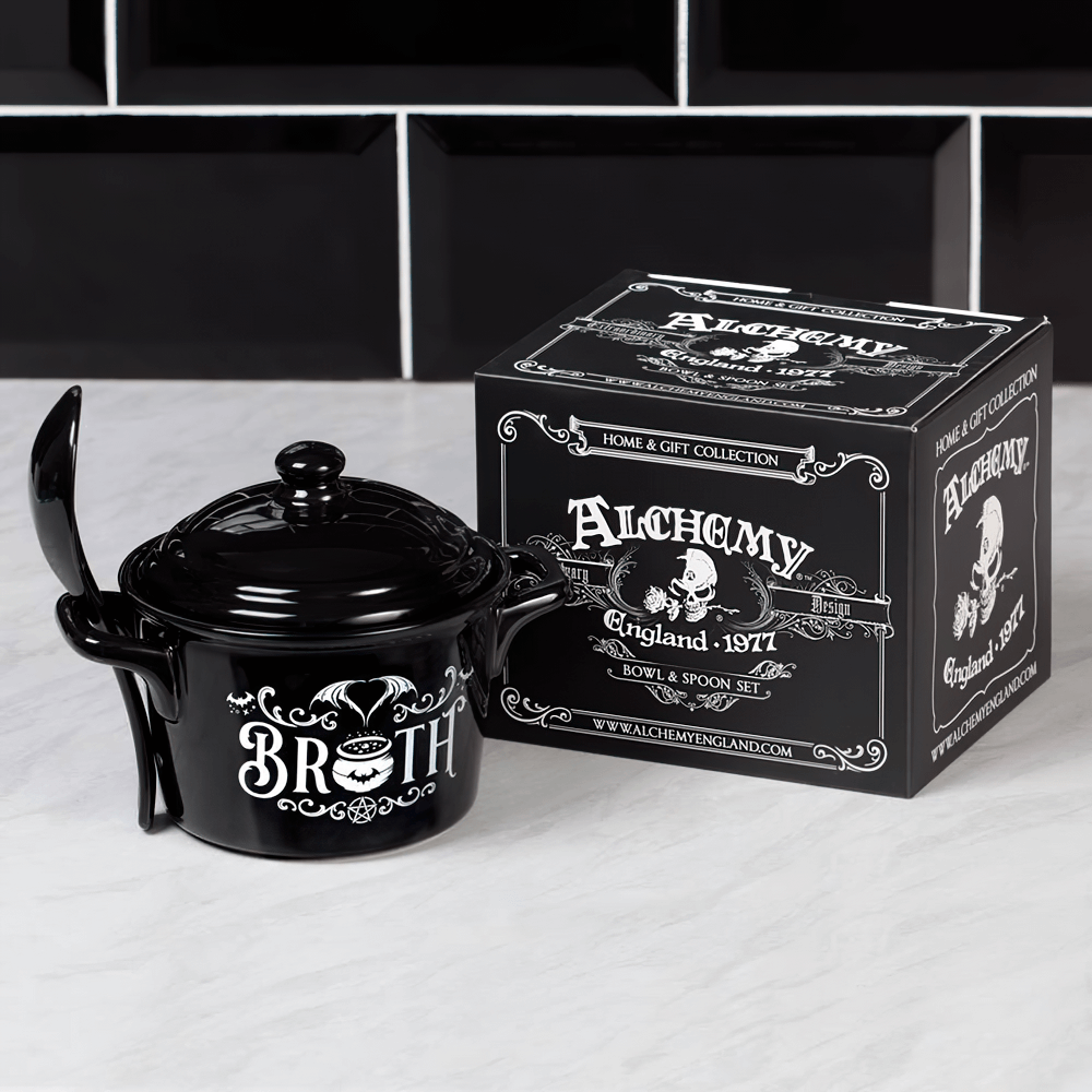 Gothic Bat Broth Cauldron Bowl and Spoon Set with lidded bowl, spoon, and Alchemy packaging.