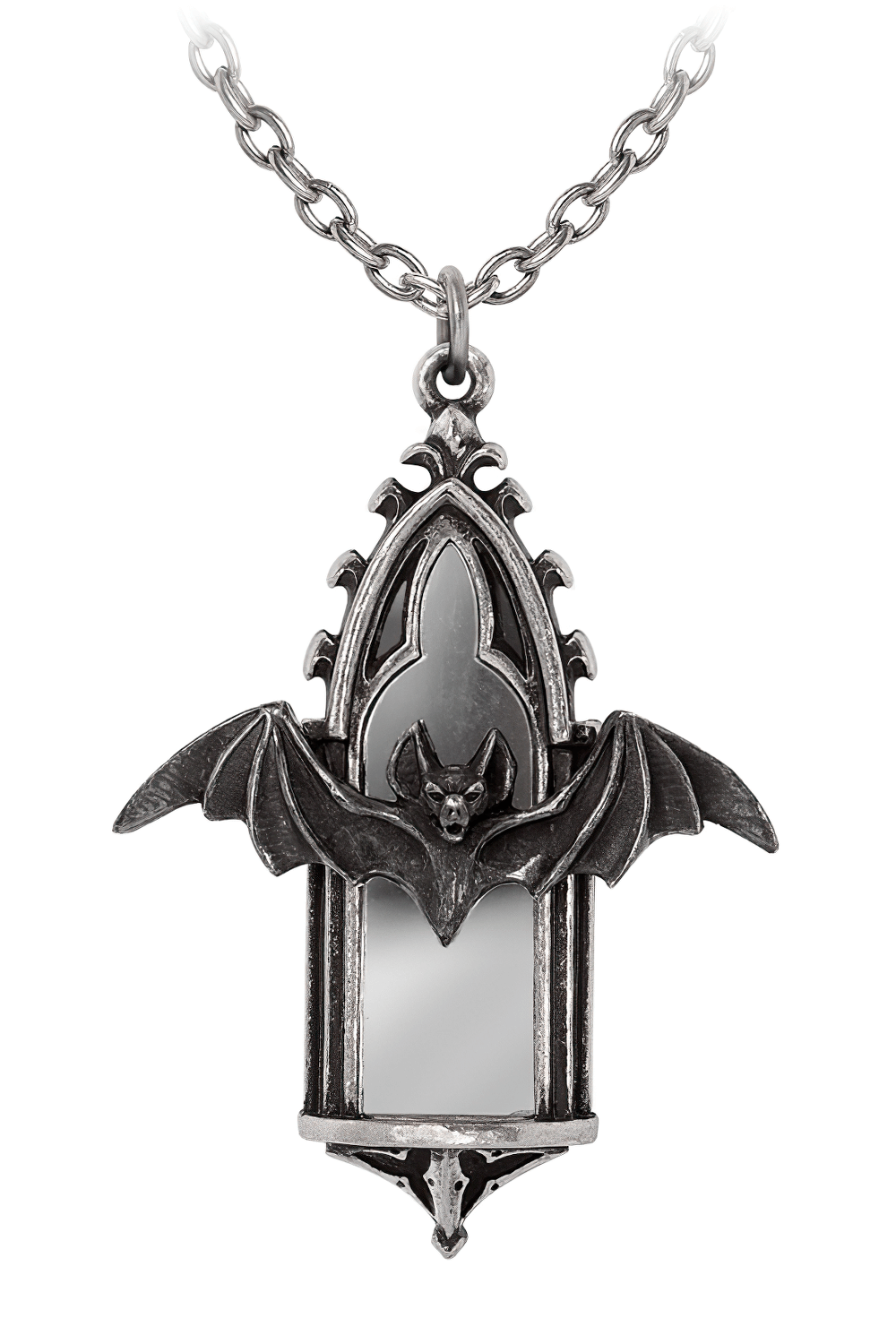 Gothic Bat Cathedral Window Mirror Pendant Necklace showcasing a bat and reflective mirror in an antiqued silver-tone.
