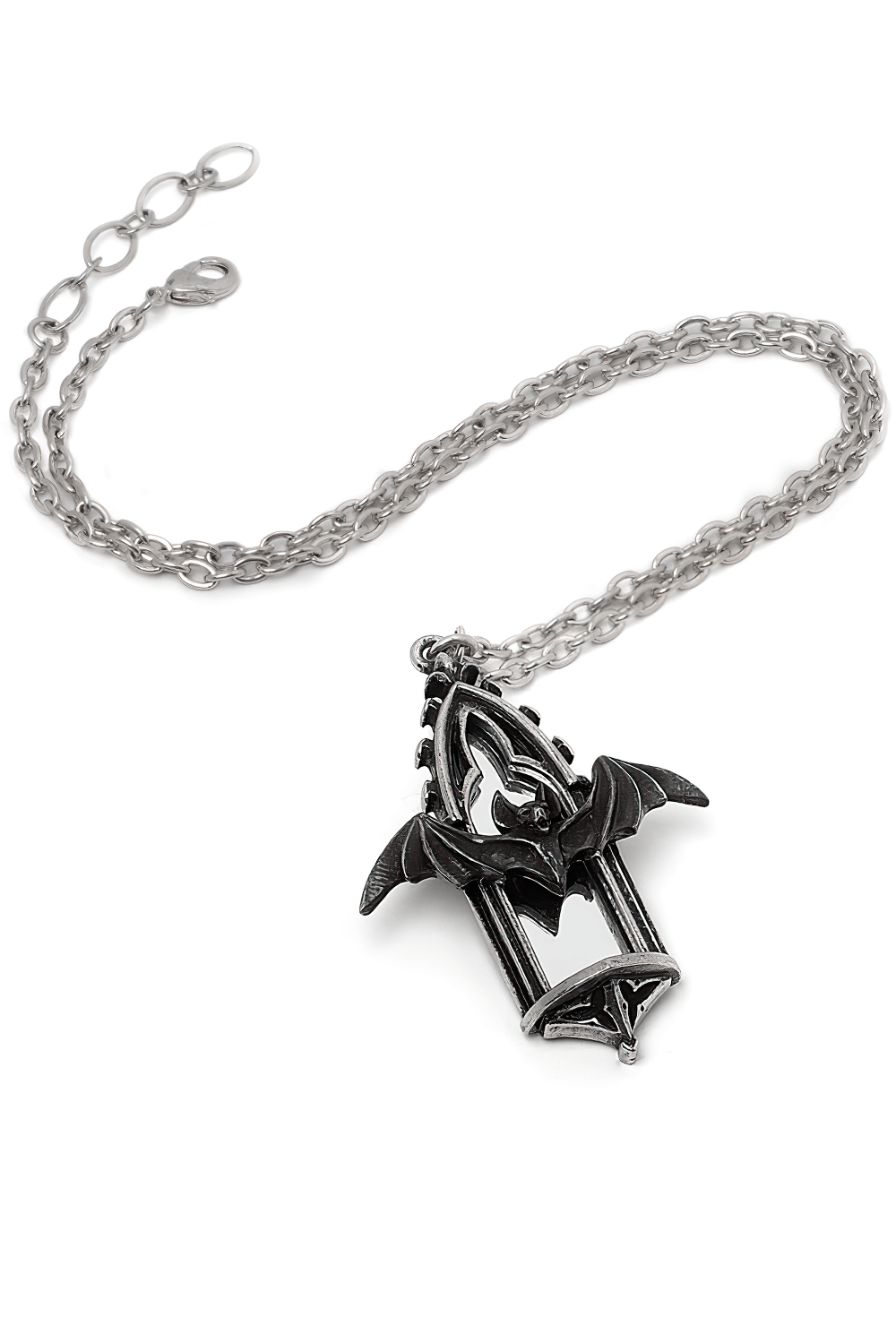 Gothic Bat Cathedral Window Mirror Pendant Necklace showcasing a bat design in antiqued silver-tone pewter.