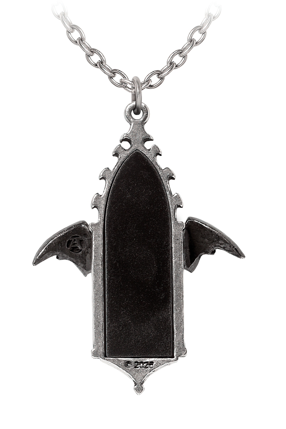 Gothic Bat Cathedral Window Mirror Pendant Necklace featuring a reflective mirror in a gothic cathedral design.