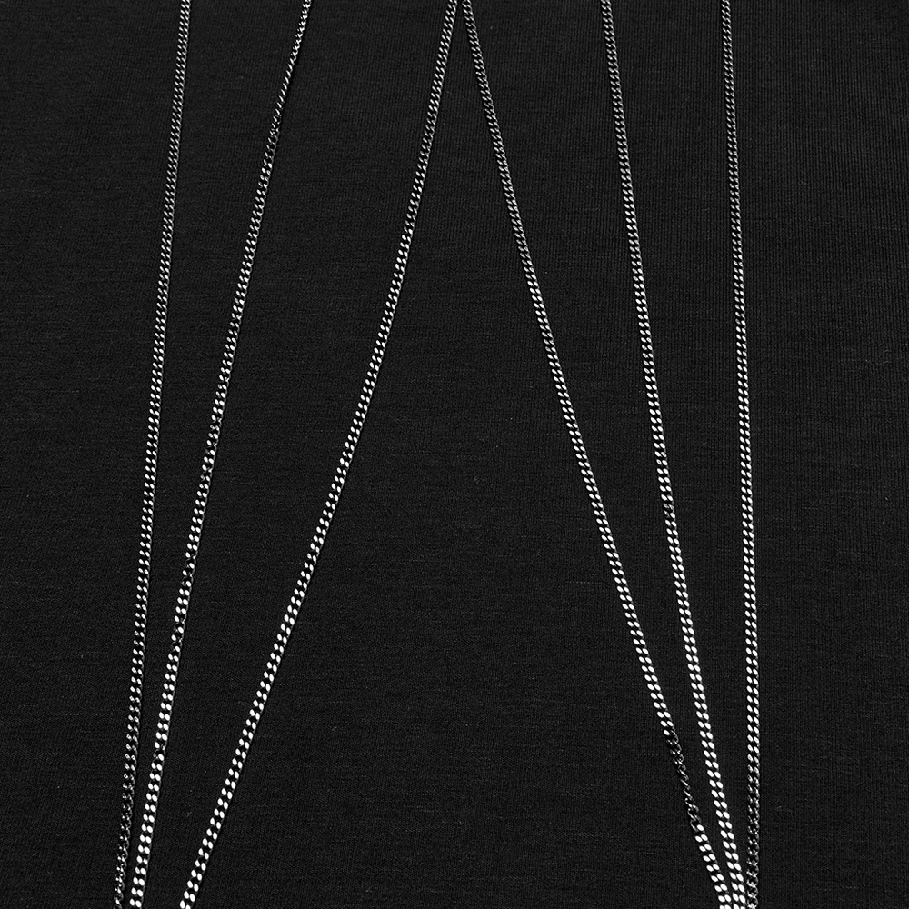 Close-up of chains on a black Gothic Bat Chain Long Sleeve Top with mesh detail for punk style.