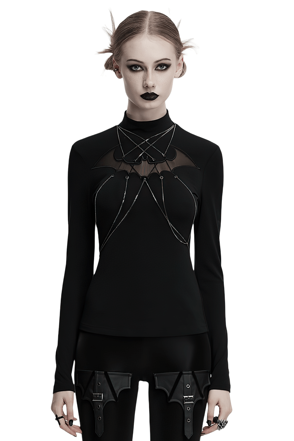 Gothic bat chain long sleeve top with mesh detail, featuring bat embroidery and punk aesthetic.