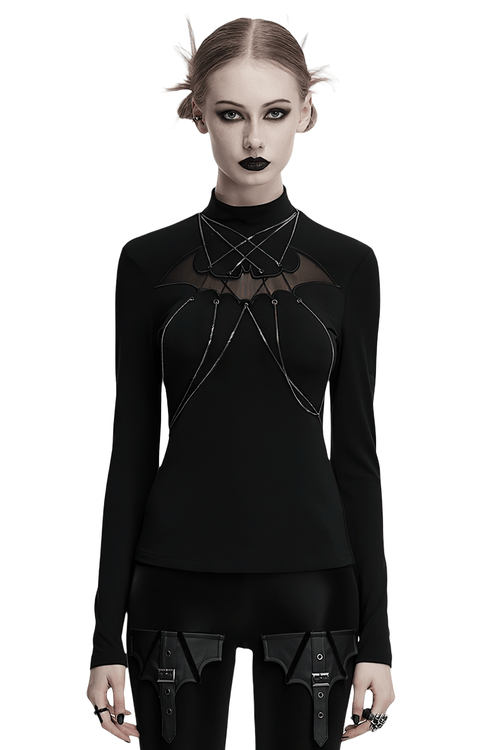 Gothic Bat Chain Long Sleeve Top with Mesh Detail