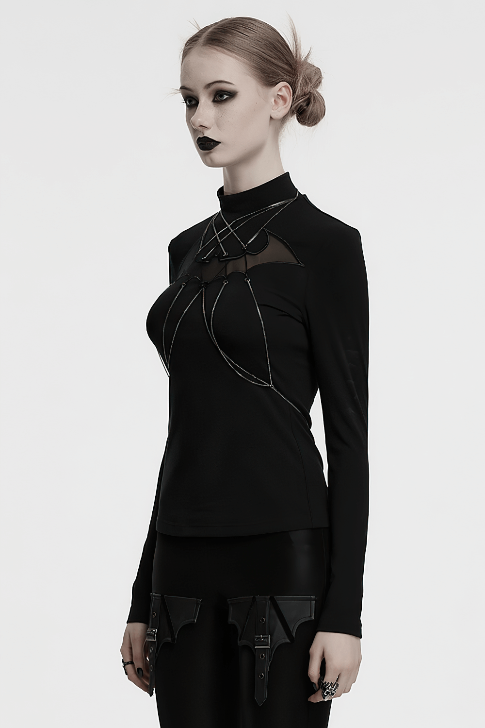 Gothic bat chain long sleeve top with mesh detail, featuring bold bat embroidery and punk accessories.