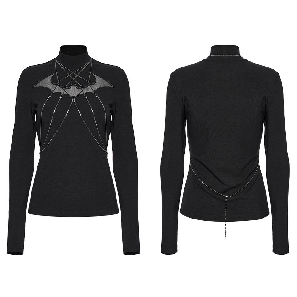 Gothic Bat Chain Long Sleeve Top with Mesh Detail, featuring hollowed bat design and punk hanging chains.