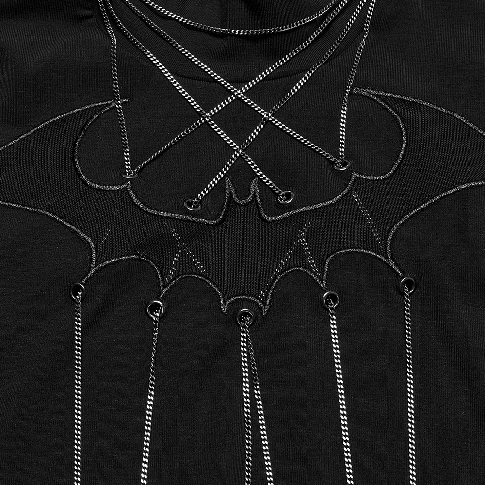 Gothic bat embroidery with hanging chains on a black long sleeve top, featuring mesh accents for a punk style.