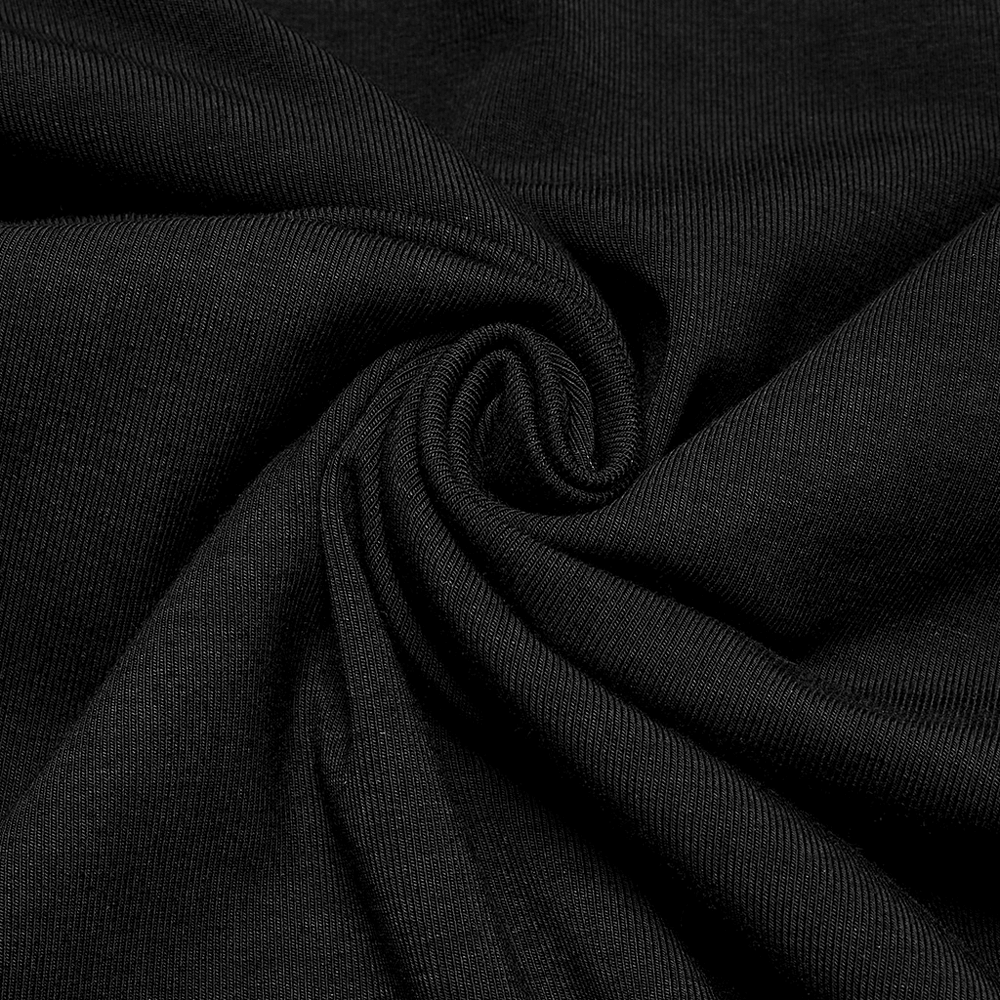 Close-up of thick elastic black fabric with a soft knitted texture, perfect for gothic and punk fashion.